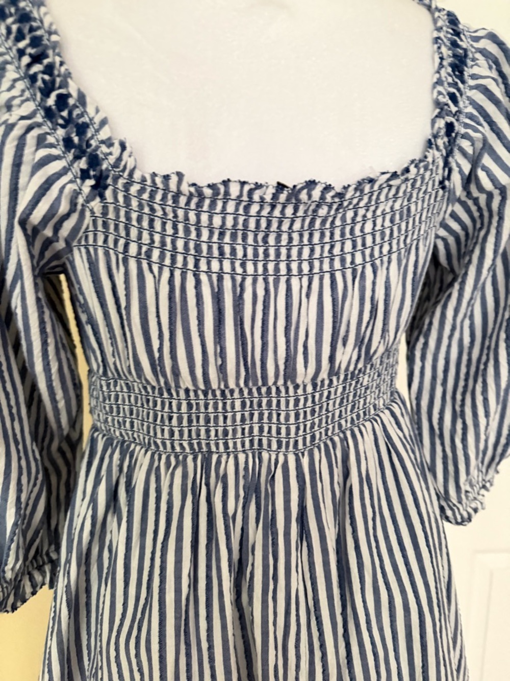 American Eagle Women's Blue & White Striped Puff Sleeve Embroidered Mini Dress S - Picture 8 of 13